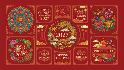 Chinese new year 2027 year of the dragon decorative collection with celebration traditional illustration ornament festival prosperity greeting invitation template elements oriental © Shaon