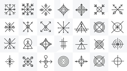 Sacred geometry line icon set featuring magic symbols alchemy signs tribal arrows targets esoteric runes and mystical abstract design elements © Atikul