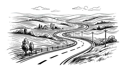 Obraz premium Winding Road Through Rural Landscape Sketch