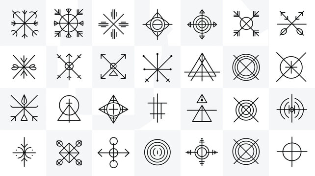 Sacred geometry line icon set featuring magic symbols alchemy signs tribal arrows targets esoteric runes and mystical abstract design elements
