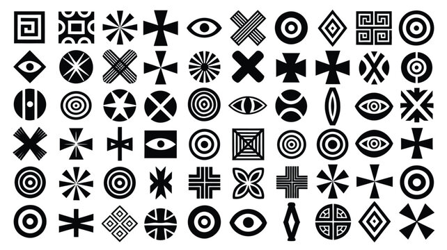 Set of black and white geometric symbols abstract tribal elements ancient runes mystic signs and concentric circles isolated on background