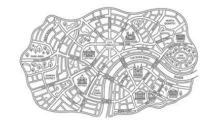 Obraz premium Urban City Map Sketch: Concentric Streets, Buildings, Parks, River