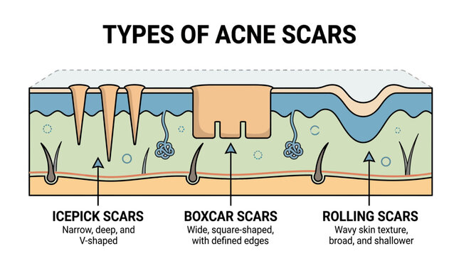 Types of Acne Scars: Icepick, Boxcar, Rolling - Medical Diagram