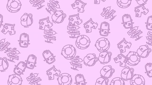 Purple pattern background with various summer vacation icons like backpacks, swim trunks, and lifebuoys. Ideal for holiday designs and travel themes.