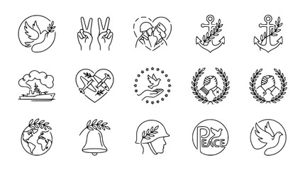 Fototapeta premium Peace Symbols: Doves, Hands, Hearts, Anchor, Military, Earth, Bell, Helmet, Word Peace