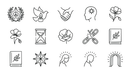 Fototapeta premium Symbols of Peace, Hope, Remembrance, Unity, and Knowledge - Line Art Icons