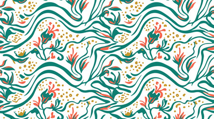 Seamless pattern with abstract floral elements and wavy lines in teal and coral colors. © Bachri