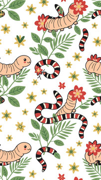 Cute Worms and Snakes with Flowers and Leaves Pattern