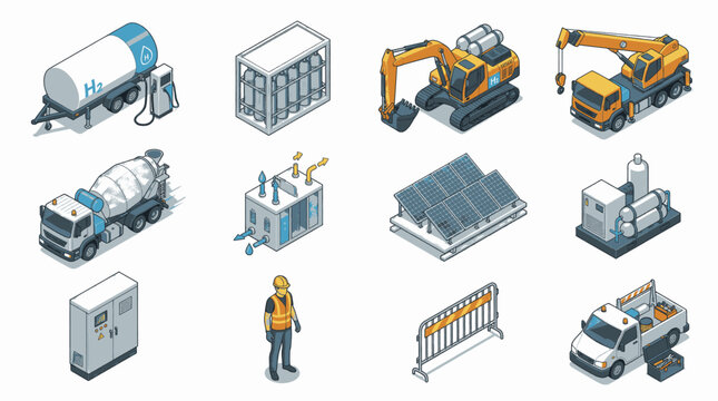Collection of colorful construction vehicles and equipment in isometric flat design.