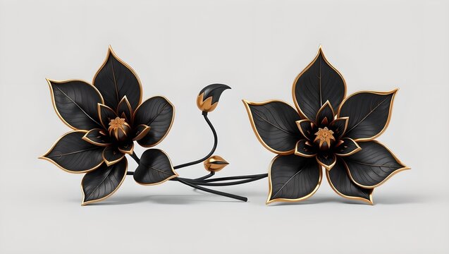 Damascus Steel and Gold Botanical Elements Isolated on Gray Background
