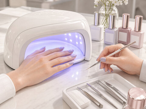 Woman curing gel nails under a modern UV lamp