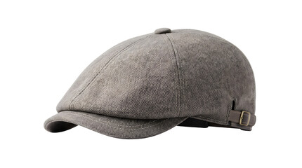 Fototapeta premium Vintage grey newsboy cap isolated on white, classic wool flat cap for men, stylish herringbone ivy hat with adjustable buckle, retro headwear fashion accessory