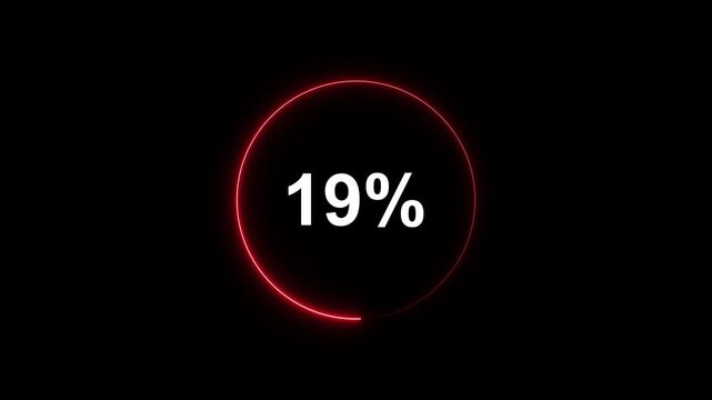 Red neon loading circle percentage counter animation, digital progress bar interface for tech ui