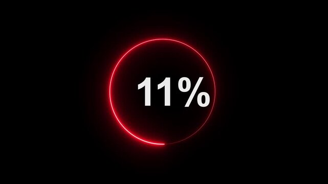 Red neon circular loading progress bar animation with 11 percent counter on black background, for digital interface, and ui