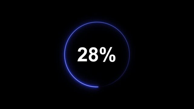 28 percent loading progress circle animation with glowing blue neon ring on black background twenty-eight