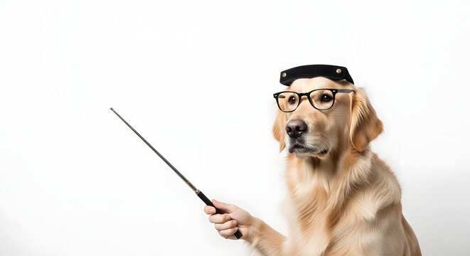 Golden Retriever Dog Teacher Holding Pointer Stick Wearing Glasses Isolated On White
