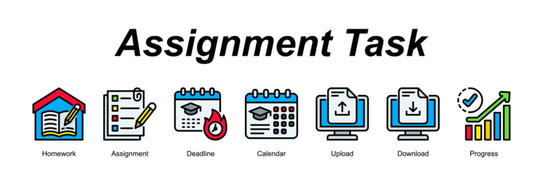 Assignment Task web banner icon concept for with icon of Homework, Assignment, Deadline, Calendar, Upload, Download, Progress.