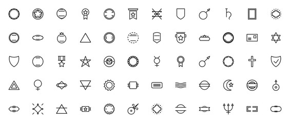 Badges icon set. Vector badge symbols pack. Minimal line icons. Featuring badge, copper, mars, saturn, star of david, medal, cross, earth, gold, fire, mail, neptune and more. © wang