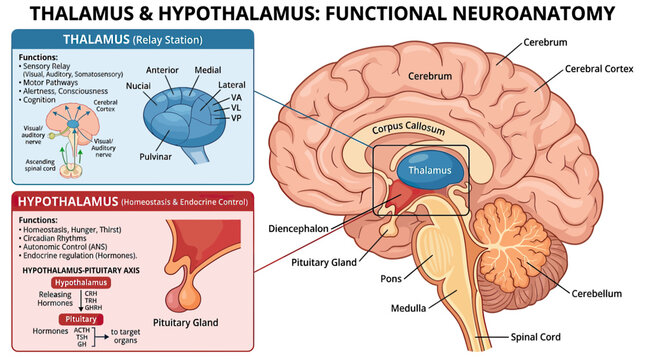 Thalamus Hypothalamus Brain Anatomy Diagram: Neuroanatomy Medical Illustration