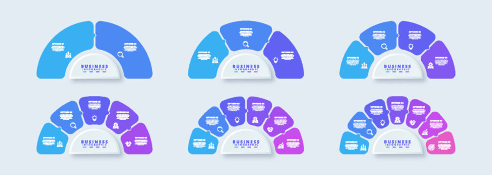 Collection of six semi-circular business infographic templates with 2, 3, 4, 5, 6, and 7 steps, featuring modern gradient blue and purple design, vector icons, and text placeholders.