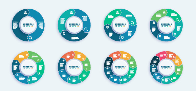 Set of eight circular business infographic templates featuring 2, 3, 4, 5, 6, 7, 8, and 9 steps. Modern vector layout with colorful segments, linear icons, and editable text placeholders.