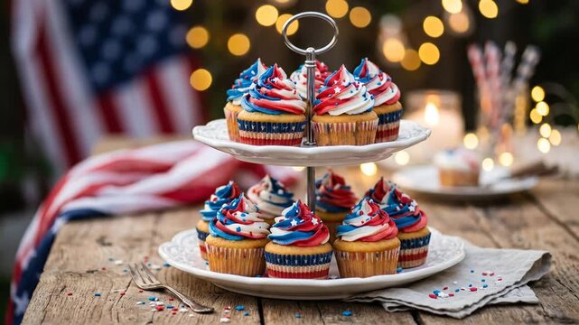 Patriotic red white and blue cupcakes on a tier stand for 4th of July celebration