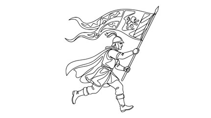 Fototapeta premium Knight in armor running with a waving banner, historical warrior, medieval illustration, single line art