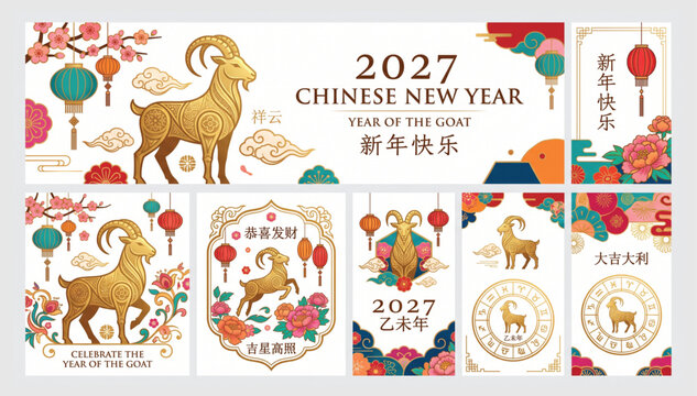 2027 chinese new year of the goat festive greeting card collection with golden ram illustrations traditional lanterns flowers and decorative oriental elements horoscope greeting oriental