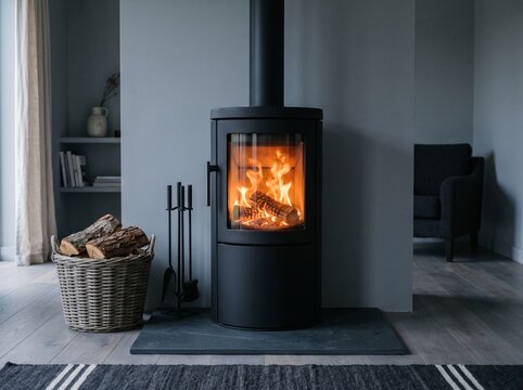 Modern Black Wood Burning Stove with Burning Fire in Minimalist Living Room Interior