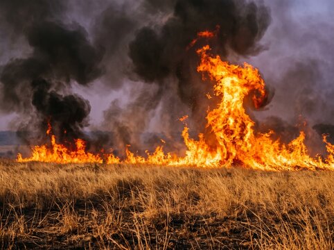 Intense Wildfire Burning Through Dry Grassland with Thick Smoke Clouds