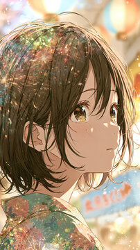 Anime illustration close-up portrait of a girl in yukata looking back at a Japanese summer festival with fireworks sparkling over her hair and lantern bokeh,夏祭りで振り返る浴衣の少女のクローズアップ　髪に重なる花火の光と提灯のボケ