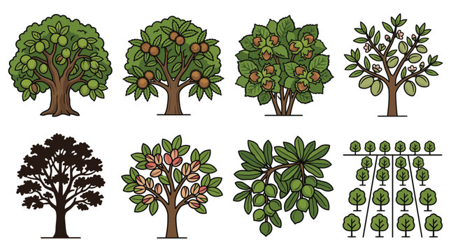 Diverse Collection of Stylized Fruit Trees and Orchard Vector Illustrations for Agricultural and Nature-Themed Designs