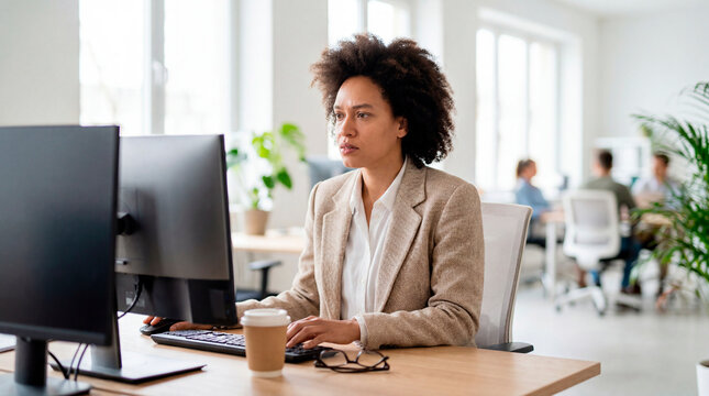 Concentrated businesswoman working at computer monitor in modern collaborative office space