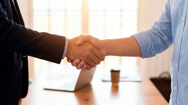 Close up business handshake sealing successful deal over office desk with laptop