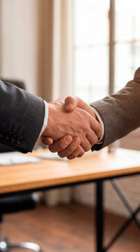 Two businessmen shaking hands closing agreement in bright contemporary office meeting room