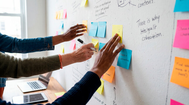 Multiple hands reaching for sticky notes on glass wall covered with project ideas