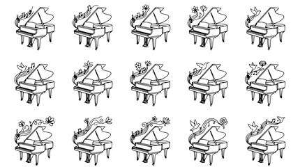 Elegant Grand Piano with Musical Notes and Floral Accents - Black and White Sketch © Dika