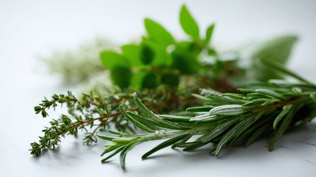 Close-up of fresh rosemary and thyme sprigs on white.