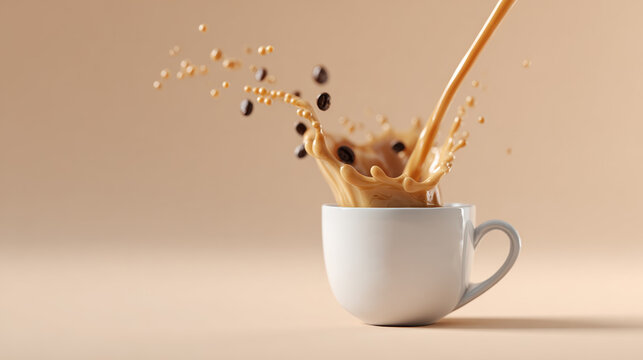 Instantaneous splash of coffee pouring into a white cup