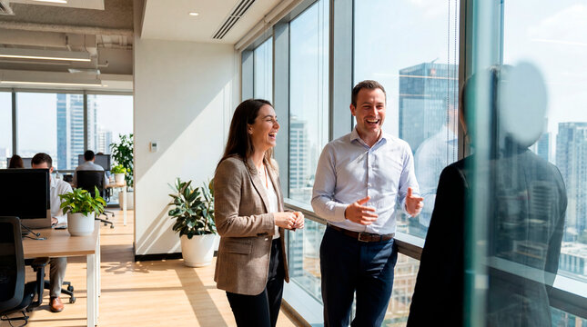 Business colleagues chatting near office window with city skyline in the background