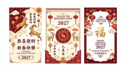 Vertical banners for 2027 chinese new year of the goat celebration with traditional gold and red ornaments vertical traditional celebration greeting invitation prosperity illustration © Shaon