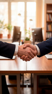 Business partners shaking hands over table sealing agreement in warm sunlit meeting room