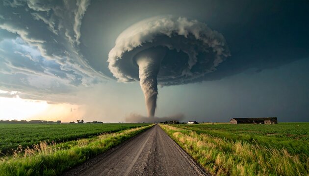 Dramatic tornado looms over a rural road in the countryside.
