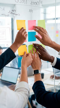 Diverse hands arranging colorful sticky notes on glass board during creative brainstorming
