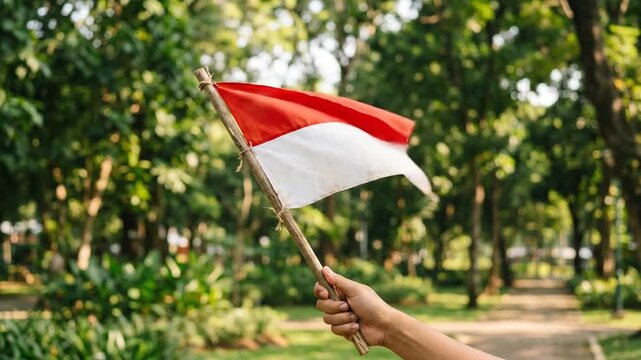 A hand waves a small red and white Indonesian flag in a sunny green park during daytime.
