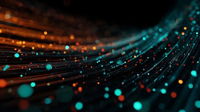 Optical fiber cables transmitting data with glowing light particles in dark technological background