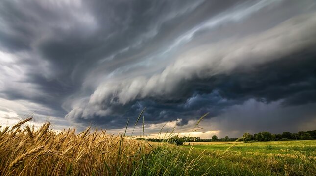 Dramatic shelf cloud rolling over golden wheat field under darkening skies with approaching storm with captures vast rolling, cloud looming, thunderstorm