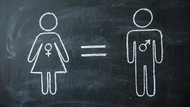 Hand drawing equal sign between male and female chalk icons on blackboard for gender equality