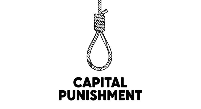 Minimalist line art icon of a hanging noose with the text "CAPITAL PUNISHMENT," representing legal, justice, and historical themes.