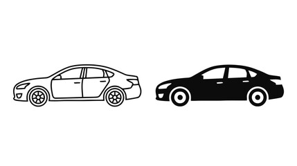 Fototapeta premium Vector illustration of set of two car icons, outline and silhouette style, on a transparent background